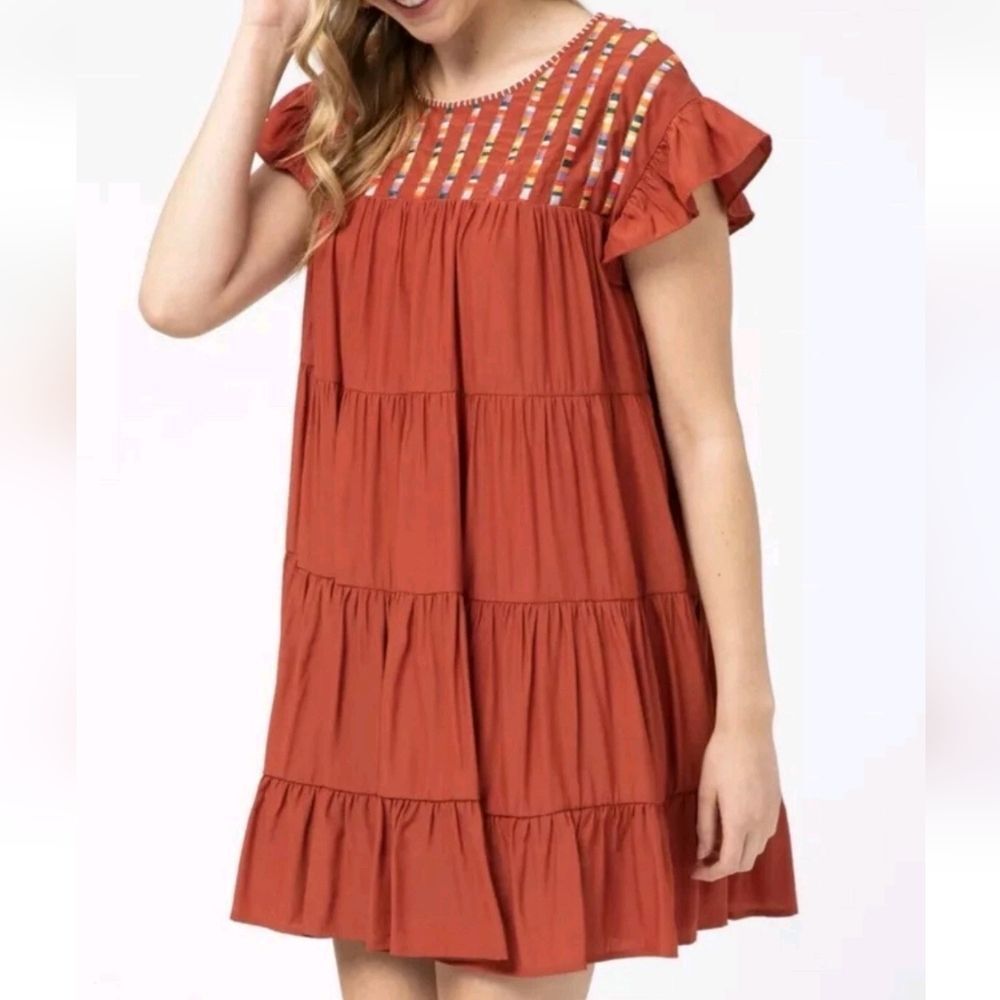 Entro Rust Red Tiered Dress with Colorful Rainbow‎ Embroidered Stripes Small